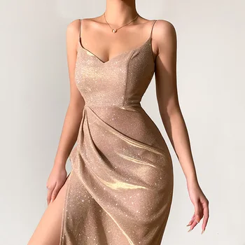 Зимняя новая женская одежда, блестящее сексуальное платье для женщин, платье-камзол с глубоким V-образным вырезом, длинная юбка с разрезом, женские платья