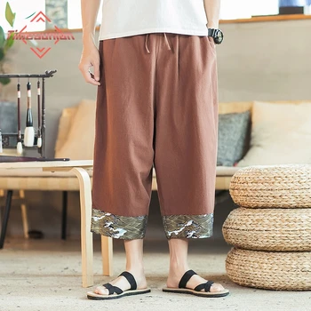 Хлопчатобумажные льняные брюки для мужчин больших размеров, винтажные брюки в китайском стиле до середины икры, Летние Дышащие Широкие брюки