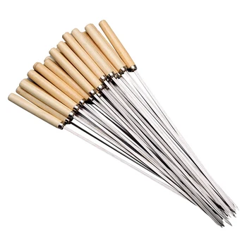 Барбекю из нержавеющей стали, деревянная ручка, шампуры для гриля, палочки для запекания, инструменты для пикника на открытом воздухе, 10 шт./лот