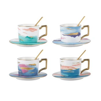 Керамическая кофейная чашка с акварелью в китайском стиле и блюдце с ложкой, Кружка для ручной росписи, чашка для завтрака, молока, послеобеденный чай, цветочная чайная чашка