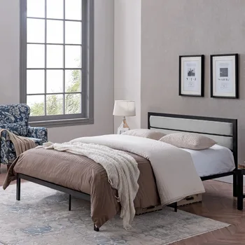 Железный каркас кровати Noble House Jenell в современном стиле с мягкой обивкой, плоский черный и серый