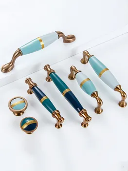 Легкая роскошная керамическая ручка двери американского шкафа синего/золотистого цвета, ручка в европейском стиле, ручки для выдвижных ящиков кухонного шкафа, мебельные ручки для мебели
