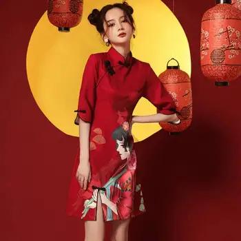 2023 Женское Китайское платье Ципао в национальном китайском стиле, красное, Весна-лето, короткий принт, Винтажное, Тонкое, Современное Женское Платье DW132