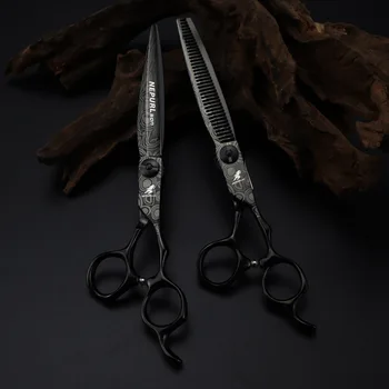 Черные 7,0-дюймовые высококачественные профессиональные ножницы Золотая сталь Дамасская Салонная Сталь 440C Высококачественные Парикмахерские ножницы