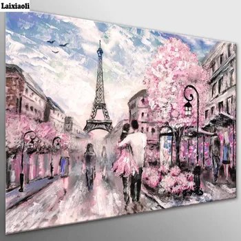 Алмазная живопись Вышивкой крестом, Алмазная Вышивка, Городской Пейзаж, Розовая Парижская Уличная Мозаика, свадебное украшение с изображением романтической пары