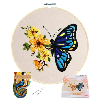 Набор для вышивания с цветочным принтом и бабочками, включающий ткани для вышивания, бамбуковые кольца для вышивания, стежки, женские хобби