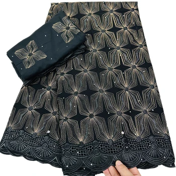 Черные африканские кружевные ткани, вышивка швейцарским вуалевым кружевом, Нигерийское хлопковое кружево с камнями, 5 + 2 ярда за лот