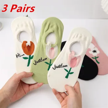 3 пары женских носков, Весна-лето, тонкие носки ярких цветов, мультяшные носки-лодочки с цветочным рисунком, женские Милые японские невидимые носки с мелким вырезом