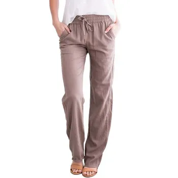 Женские однотонные прямые брюки-карго с высокой талией и широкими штанинами, свободные повседневные брюки из хлопка и пеньки