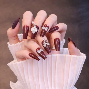 Винно-красный Длинный пресс на ногтях с декором, милые и очаровательные многоразовые накладные ногти для украшения ногтей своими руками