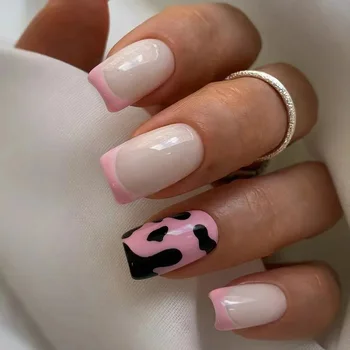 Розовое Черное Белое Блестящее сердечко с рисунком молочной коровы Поддельный кончик ногтя Полное покрытие Готовый Накладной Арт-лак для ногтей Нанесите на клей для ногтей