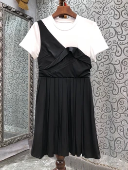 2023 новое женское модное платье с круглым вырезом и короткими рукавами, черно-белое искусственное плиссированное облегающее платье из двух частей 0528