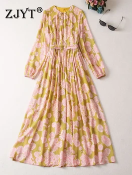 ZJYT, Подиумные платья Макси с цветочным принтом и длинным рукавом для женщин 2023, Элегантные летние платья, Винтажный праздничный халат Feminino