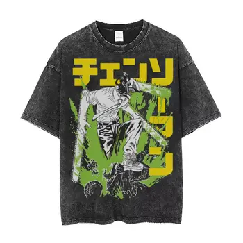 Футболка Chainsaw Man Warrior Denji Мужская хлопковая футболка в стиле хип-хоп, Харадзюку, выстиранная футболка, Манга, Винтажный женский топ, футболка футболка