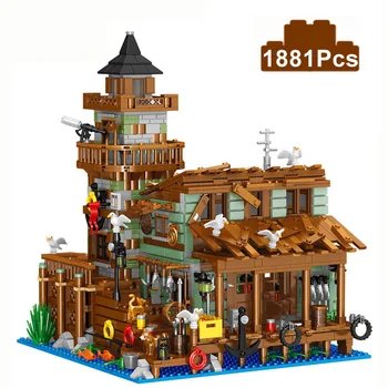 Креативная модель деревянного дома Micro Fisherman Cabin Wharf, строительные блоки, вид на улицу, Рыбацкая деревня, Кирпичи, Собрать игрушку в подарок малышу