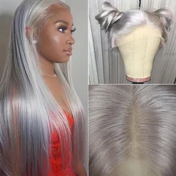 Серебристо-серый Прямой парик из синтетических волос на кружеве, Бесклеевой, готовый к носке, предварительно выщипанный из высококачественного термостойкого волокна для женщин