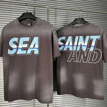 23SS SAINT X SEA Мужская и женская футболка Washed Distress Винтажные хип-хоп уличные повседневные футболки Оверсайз с коротким рукавом Летние Новинки