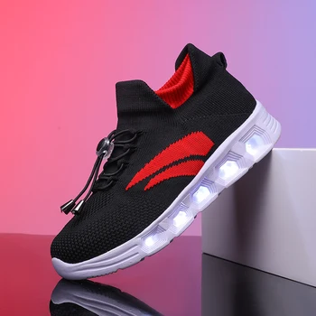 Новая повседневная спортивная обувь со светодиодной подсветкой для мальчиков и девочек, легкая трикотажная Детская вулканизационная поворотная пряжка, светящаяся Дышащая Мягкая подошва