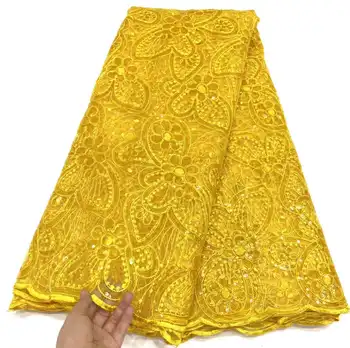 2023 Высококачественная Африканская кружевная ткань Французская сетка Ткань с желтыми блестками Вышитый Тюль Нигерийская кружевная ткань 5 ярдов