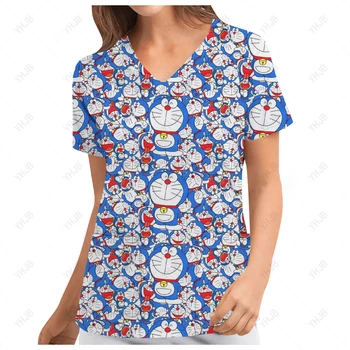 Doraemon Machine Cat Print Матовый Топ С V-образным вырезом, Женский Рабочий костюм Медсестры, Женский Медицинский Топ с коротким рукавом, Женская Униформа