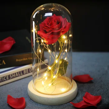 Вечная роза Красавица Чудовище Искусственный цветок в Стеклянном Куполе со светодиодной подсветкой для Домашнего Декора Новый Год Рождество Подарок на День Святого Валентина