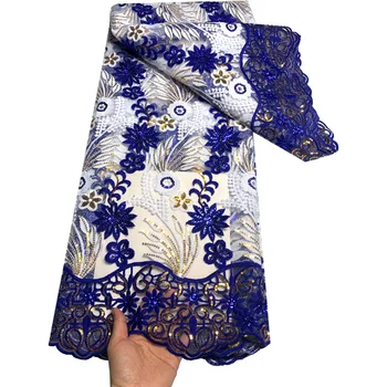 Высококачественная Белая + синяя вышивка, Нигерийская кружевная ткань с пайетками, 5 ярдов Африканского Французского тюля, Сетчатая кружевная ткань для вечернего платья P361