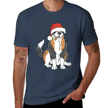 Новая забавная футболка с изображением рождественской собаки австралийской овчарки в шляпе Санта-Клауса, быстросохнущая футболка, летний топ, мужская однотонная футболка, мужские однотонные футболки