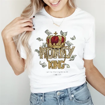 Летняя футболка с рисунком, Женская мода, Лозунг Money King, Милый Принт в стиле 90-х, Женская Базовая футболка с коротким рукавом