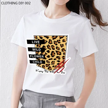 Летняя футболка Женская из серии с буквенным леопардовым принтом, универсальный повседневный Тонкий круглый вырез, удобный белый женский топ с коротким рукавом.