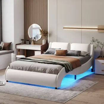 Обитая кровать Кровать-платформа из искусственной кожи со светодиодной подсветкой Каркас кровати с планками - белый