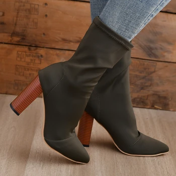 Женские эластичные ботинки 2023 Осенняя мода Ботильоны на квадратном каблуке с острым носком Сексуальные тканевые ботинки на высоком каблуке Черные дышащие носки