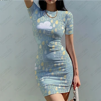 Женская юбка с коротким рукавом и круглым вырезом, сексуальное и простое повседневное платье с 3D-принтом и фрагментированными цветами