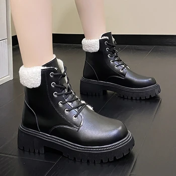 Модные женские ботильоны на шнуровке из искусственной кожи, 2023 Зимние утепленные плюшевые зимние ботинки, нескользящие, сохраняющие тепло хлопковые туфли на платформе