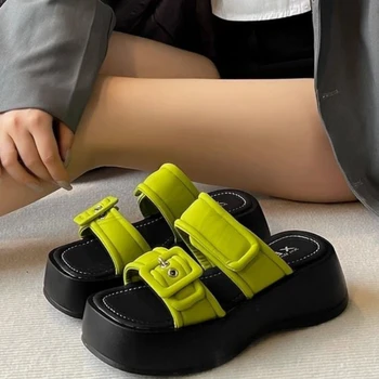 2023 Зеленые Корейские модные тапочки, Женские Винтажные туфли на платформе во Французском стиле, Женская Праздничная вечеринка, Неглубокая Повседневная Дизайнерская обувь