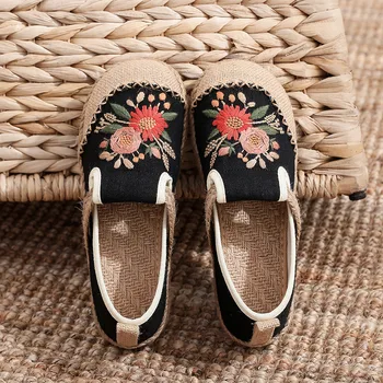 Женская обувь с вышивкой, льняная дышащая обувь на плоской подошве с цветочным узором, Нескользящие легкие мокасины для ходьбы, Zapatillas Mujer