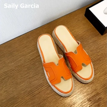 Оранжевые эспадрильи на платформе с открытым носком из натуральной кожи, новое поступление 2023 года, уличные модные соломенные шлепанцы, простая обувь без застежек