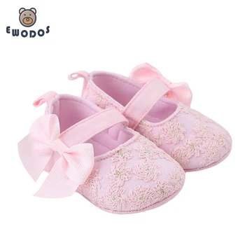EWODOS/ Детские кружевные туфли на плоской подошве с цветочным рисунком, мягкая нескользящая подошва, свадебное платье принцессы с бантом, прогулочная обувь для новорожденных
