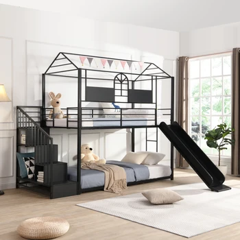 Черная металлическая двухъярусная кровать с горкой и ступенями, легко монтируемая для мебели для спальни в помещении