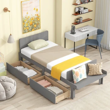 Серая двуспальная кровать со скамейкой в изножье, 2 выдвижных ящика, легко монтируется для домашней мебели для спальни