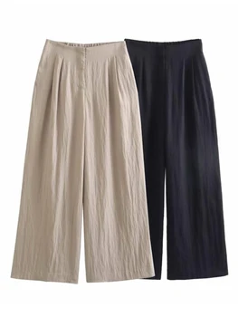 TRAF Летние Новые Шикарные женские плиссированные брюки 2023, Элегантный стиль для поездок на работу, Офисные женские однотонные широкие брюки с высокой талией, 2 цвета
