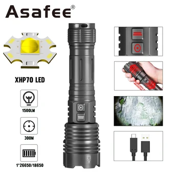 Asafee 4800 Супер яркий тактический фонарик 1500LM XHP70 LED Light TYPE-C Charing Zoom Факел для кемпинга на открытом воздухе Power Bank