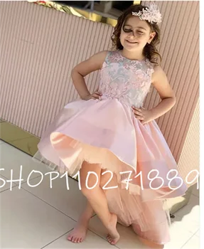 Высокие низкие розовые платья для девочек в цветочек, детские платья на день рождения, кружевные атласные платья для вечеринок принцессы Фотография
