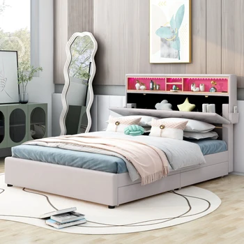 Бежевая полноразмерная мягкая кровать на платформе с 2 выдвижными ящиками, изголовьем со светодиодной подсветкой, USB-зарядкой и хранилищем, для мебели для спальни в помещении