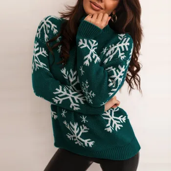 Рождественский свитер для женщин, Вязаный свитер со снежинками, пуловер с круглым вырезом и длинным рукавом, Зеленый Трикотаж, Пуловеры Vintage Pull Femme