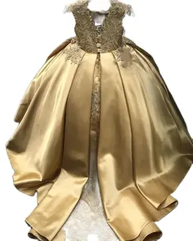 Золотые платья без рукавов для девочек в цветочек для свадеб, детские бальные платья для театрализованного представления, перья для Первого причастия