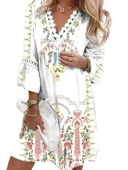 Летнее платье Женское 2023 Корейская мода Цветочный принт Пляжное мини-платье с V-образным вырезом и рукавами-воланами, халат А-силуэта, кружевной халат Vestidos