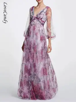 Элегантное Сетчатое платье Макси с цветочным принтом, женское Сексуальное платье с V-образным вырезом, без спинки, с длинным рукавом-фонариком, платья с запахом на талии, Модный халат для ночной вечеринки