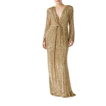 MULONG Темное Золотое платье для матери жениха с V-образным вырезом, расшитое блестками, с длинным рукавом, в стиле Ампир, простое роскошное свадебное платье по последней моде