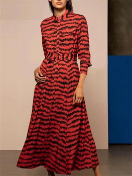 COIGARSAM в полоску с зеброй, женские осенние платья с отложным воротником, новинка 2023 года, Винтажное Элегантное Шифоновое платье с принтом