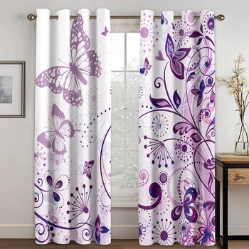 Фиолетовые однотонные тонкие дышащие шторы с принтом Бабочки Спальня Гостиная Современный декор для дома Шторы 2 Панели